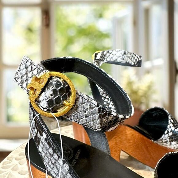 TORY BURCH $425 Camilla Wedge Sandals Women’s 6.5 Snake Print Platform Wood Heel - Picture 7 of 16